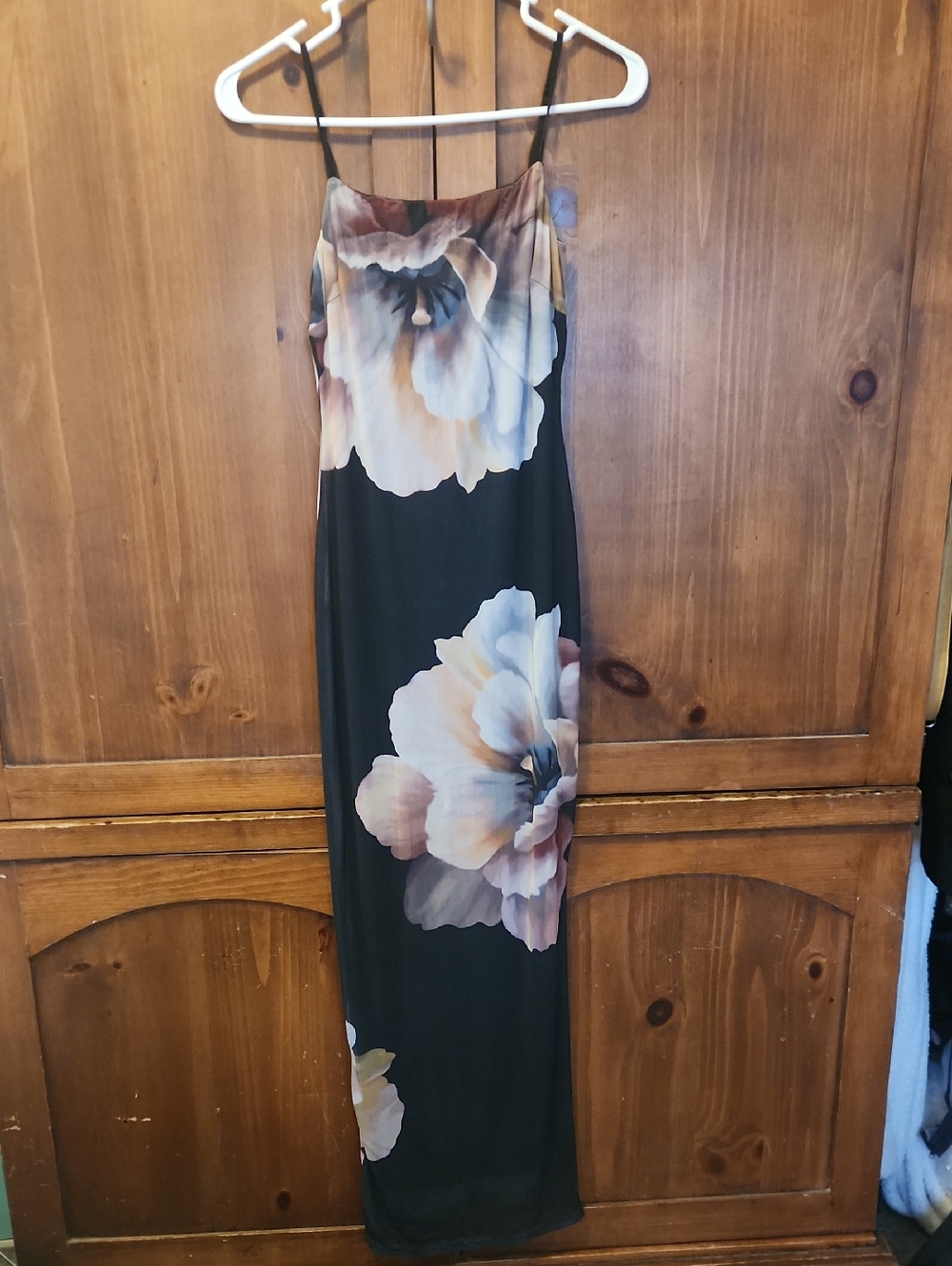Black Floral Maxi Slip Dress with Neutral Blooms Side Slit